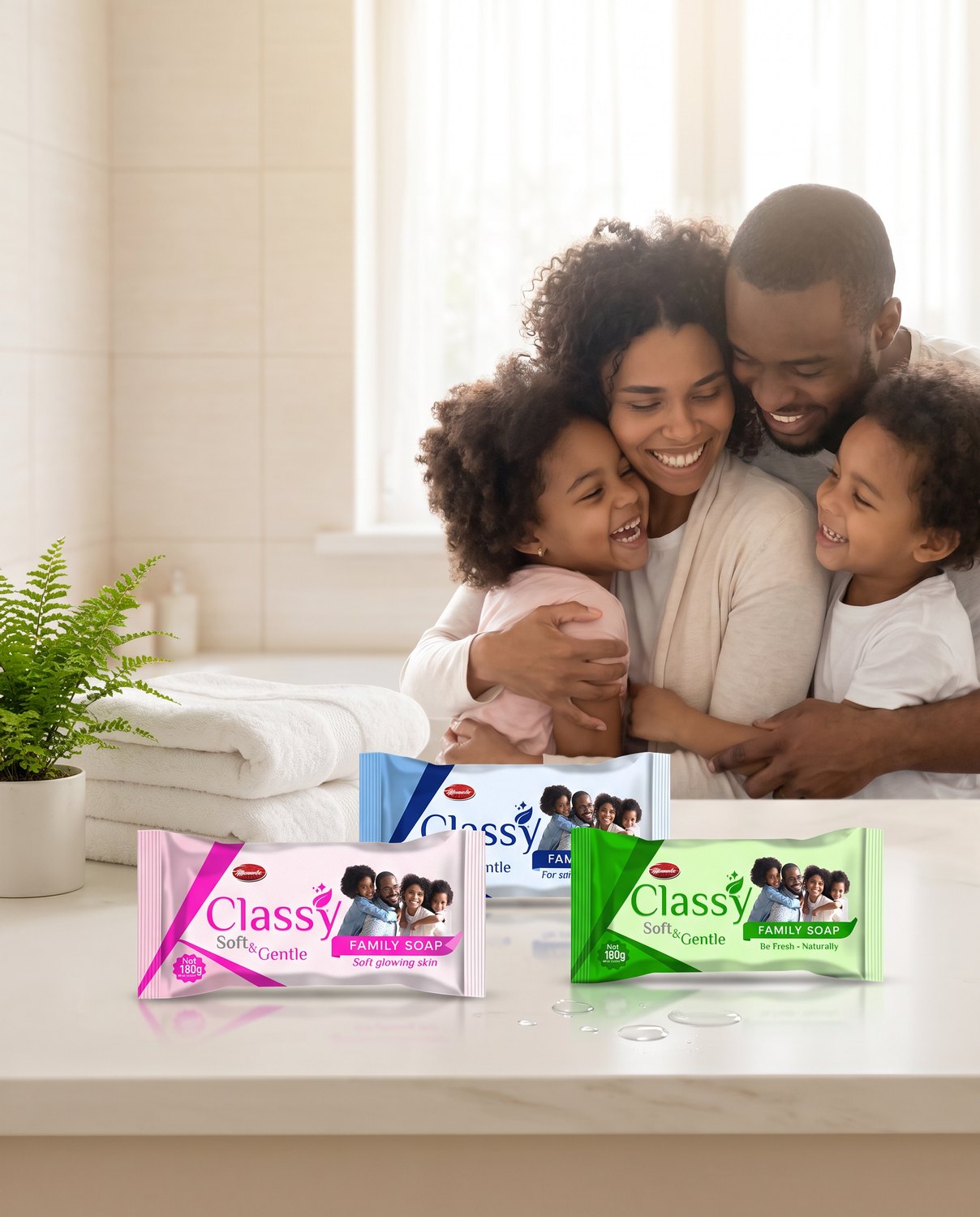 A Nigerian mother, father and two children laughing together in a bright bathroom, with pink, blue and green Classy Soft & Gentle family soap bars laid out on the counter beside folded towels