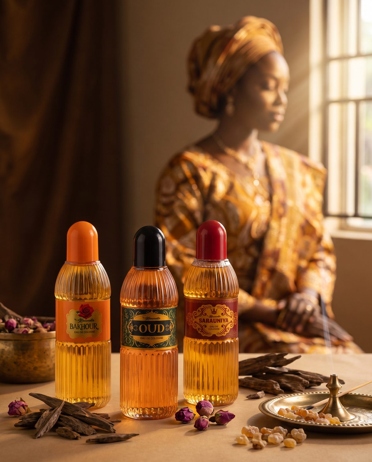 The three Mamuda eau de cologne bottles — Bakhour, Oud and Sarauniya — large in the foreground beside oud wood chips, dried rose buds and a brass incense tray