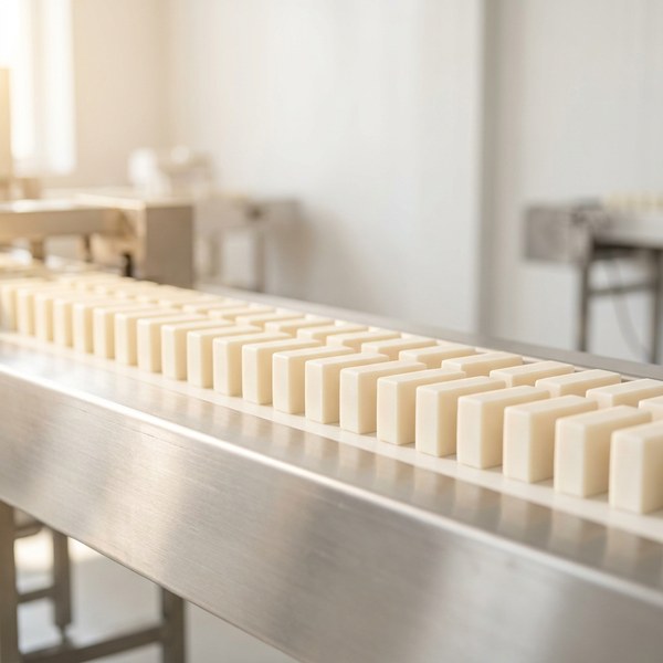 Freshly pressed soap billets moving in even rows along a stainless steel production line in the Mamuda factory