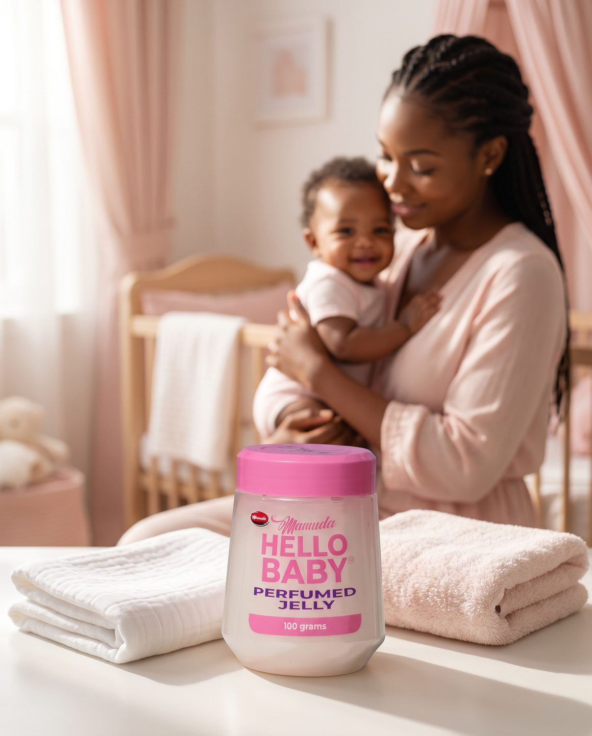 The pale pink Mamuda Hello Baby perfumed jelly jar large in the foreground beside folded white muslin, with a mother cradling her baby softly out of focus behind