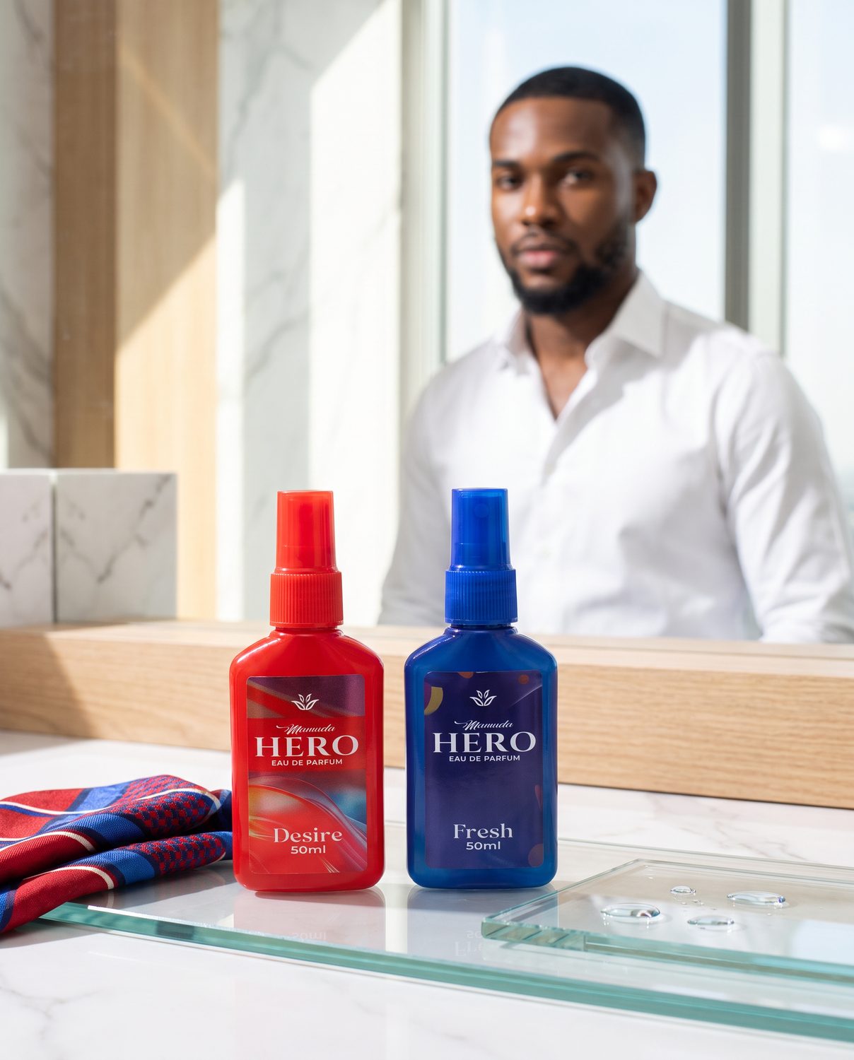 The red Mamuda Hero Desire and blue Mamuda Hero Fresh eau de parfum spray bottles large in the foreground, with a well-dressed young Nigerian man softly out of focus behind