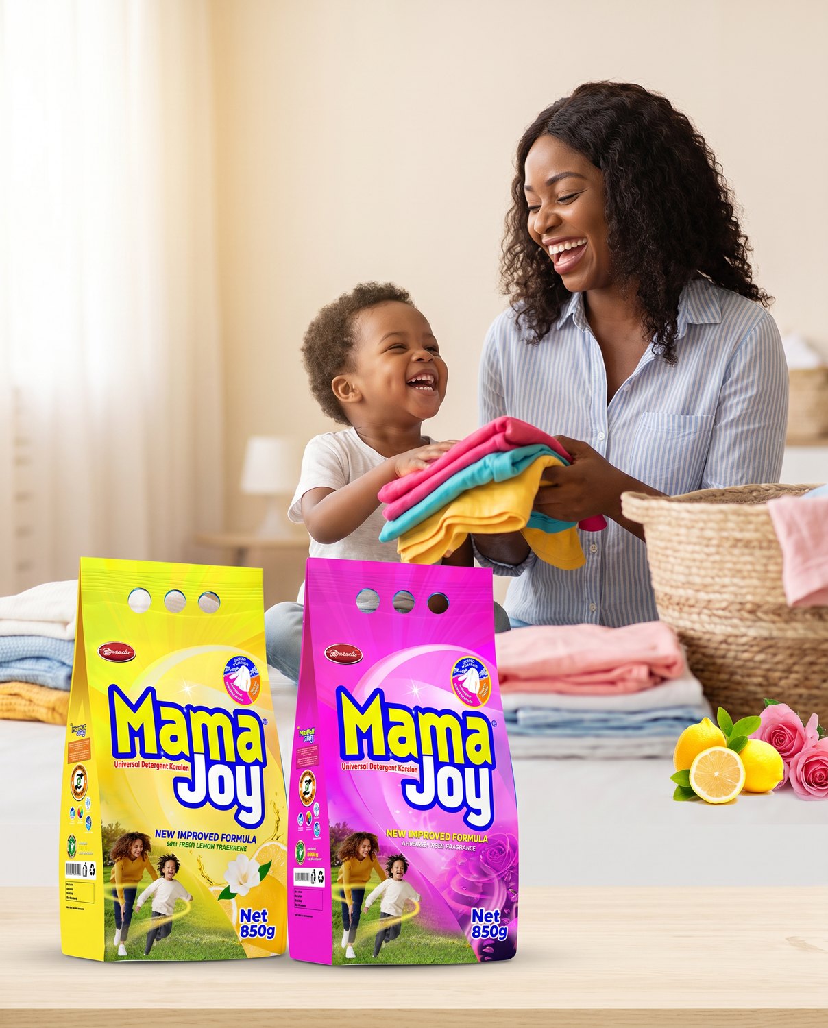 A Nigerian mother and her small child laughing while folding bright clean laundry, with the Mama Joy Lemon and Rose 850g detergent packs on the table in front of them