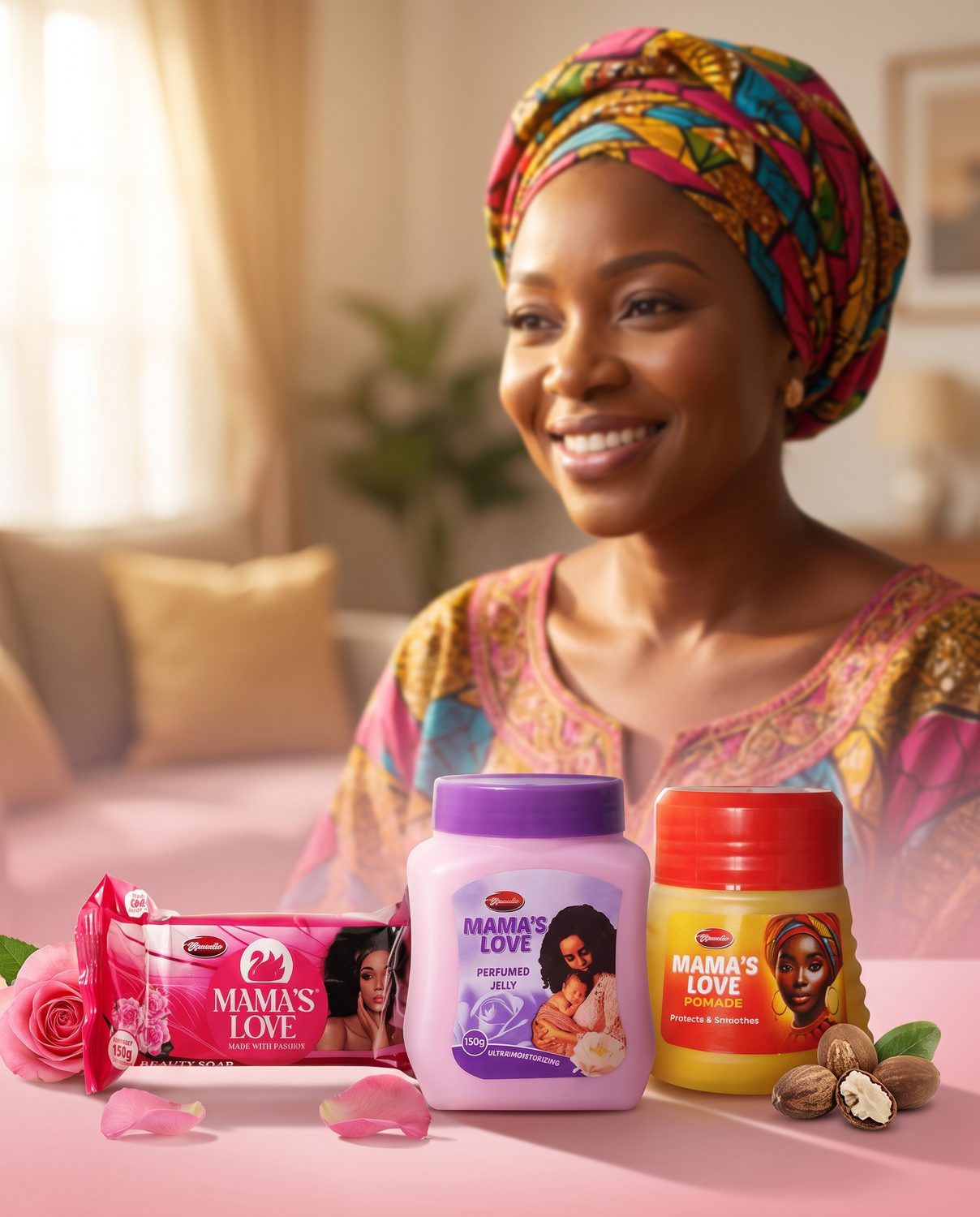The Mama's Love beauty soap, perfumed jelly and pomade grouped large in the foreground beside rose petals and shea nuts, with a smiling Nigerian mother in a patterned headwrap softly out of focus behind