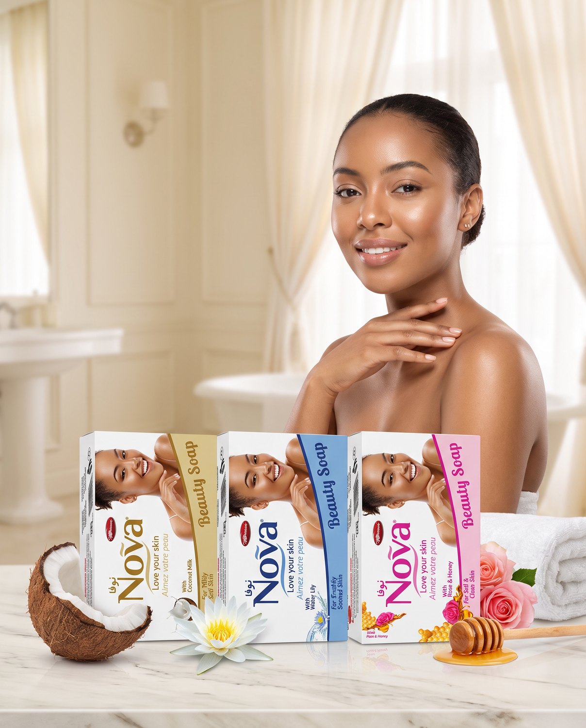 A Nigerian woman with luminous skin in a bright bathroom, with the Nova Coconut Milk, Water Lily and Rose & Honey beauty soap cartons grouped on the counter beside a coconut half, a water lily and a honey dipper