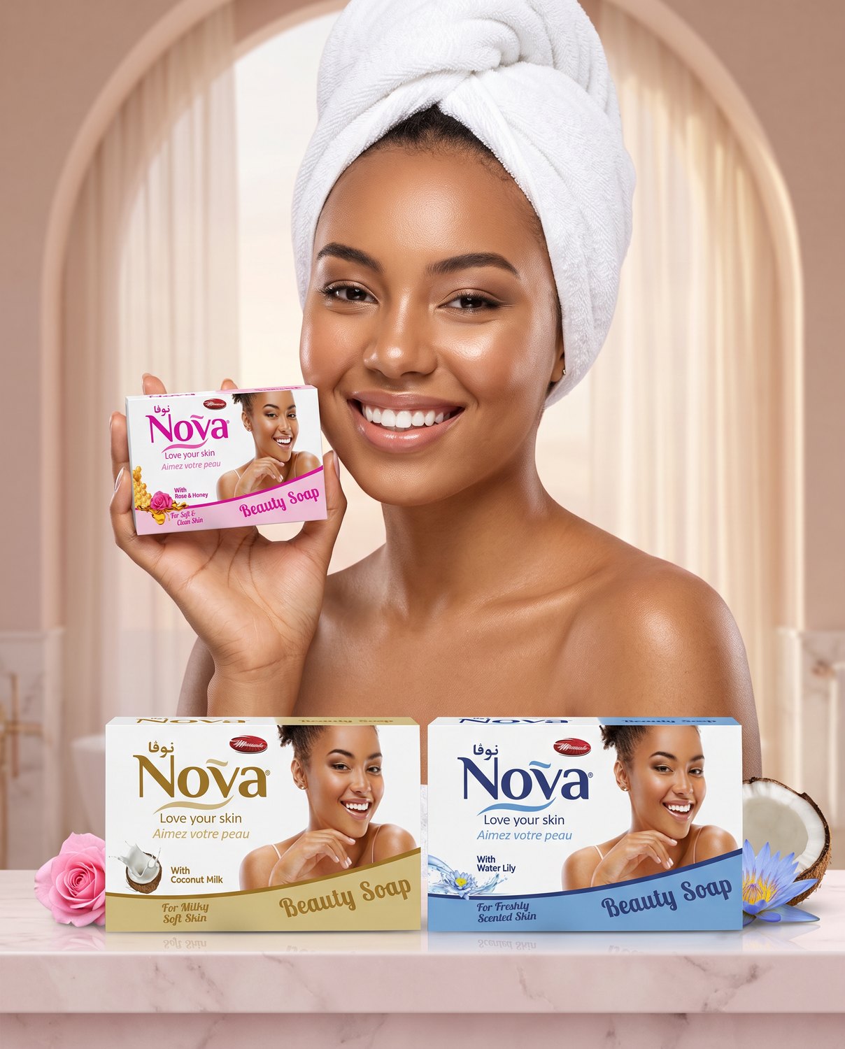 A radiant young Nigerian woman in a white towel wrap holding the Nova Rose & Honey beauty soap carton beside her cheek, with the Nova Coconut Milk and Water Lily cartons standing in front of her on a pink marble ledge beside a rose, a water lily and a coconut half