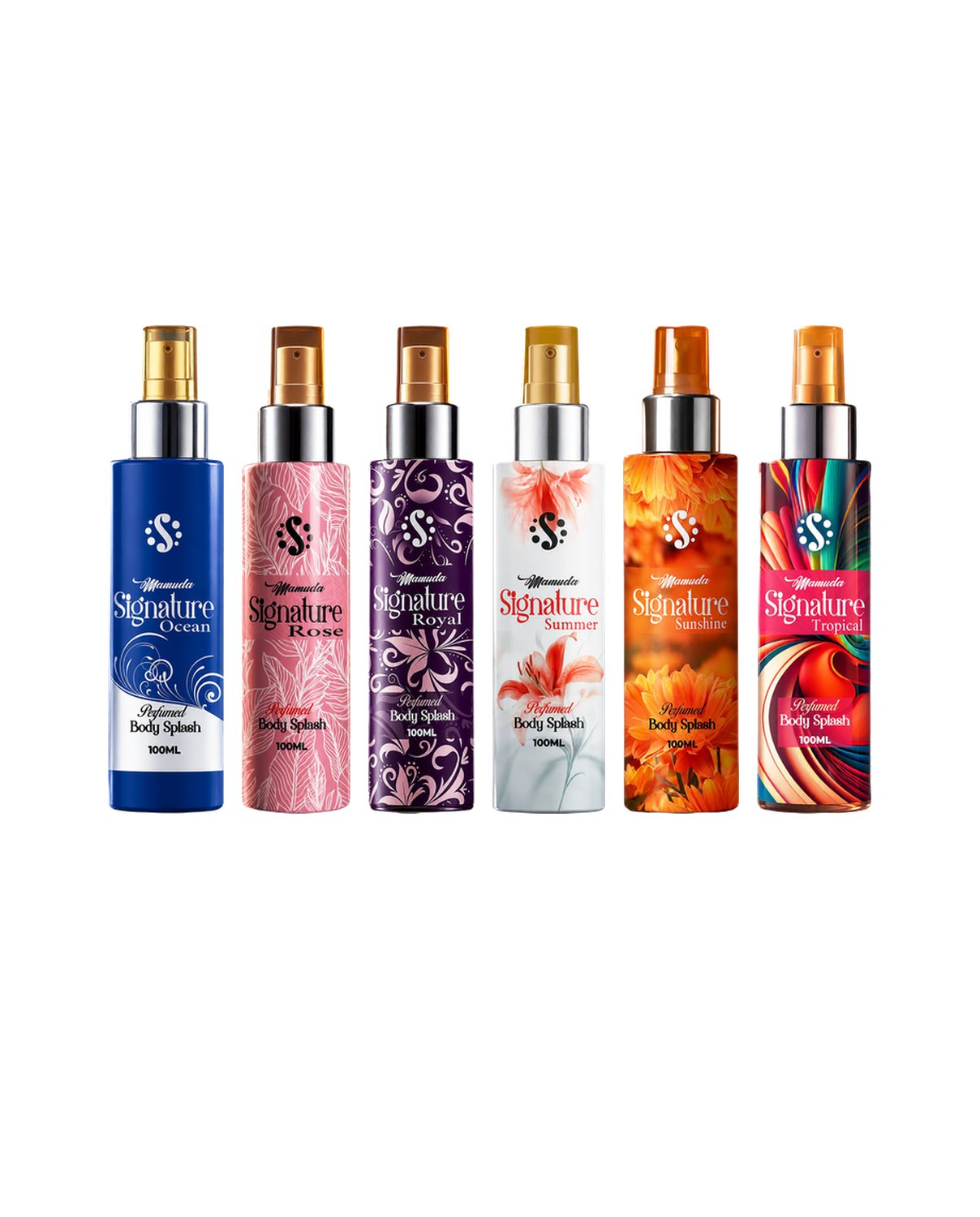 The six Mamuda Signature perfumed body splash bottles in a row — Ocean, Rose, Royal, Summer, Sunshine and Tropical