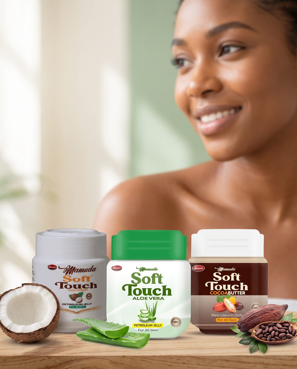 The three Mamuda Soft Touch petroleum jelly jars — Coconut, Aloe Vera and Cocoa Butter — large in the foreground beside a cracked coconut, a cut aloe leaf and cocoa pods, with a woman softly out of focus behind
