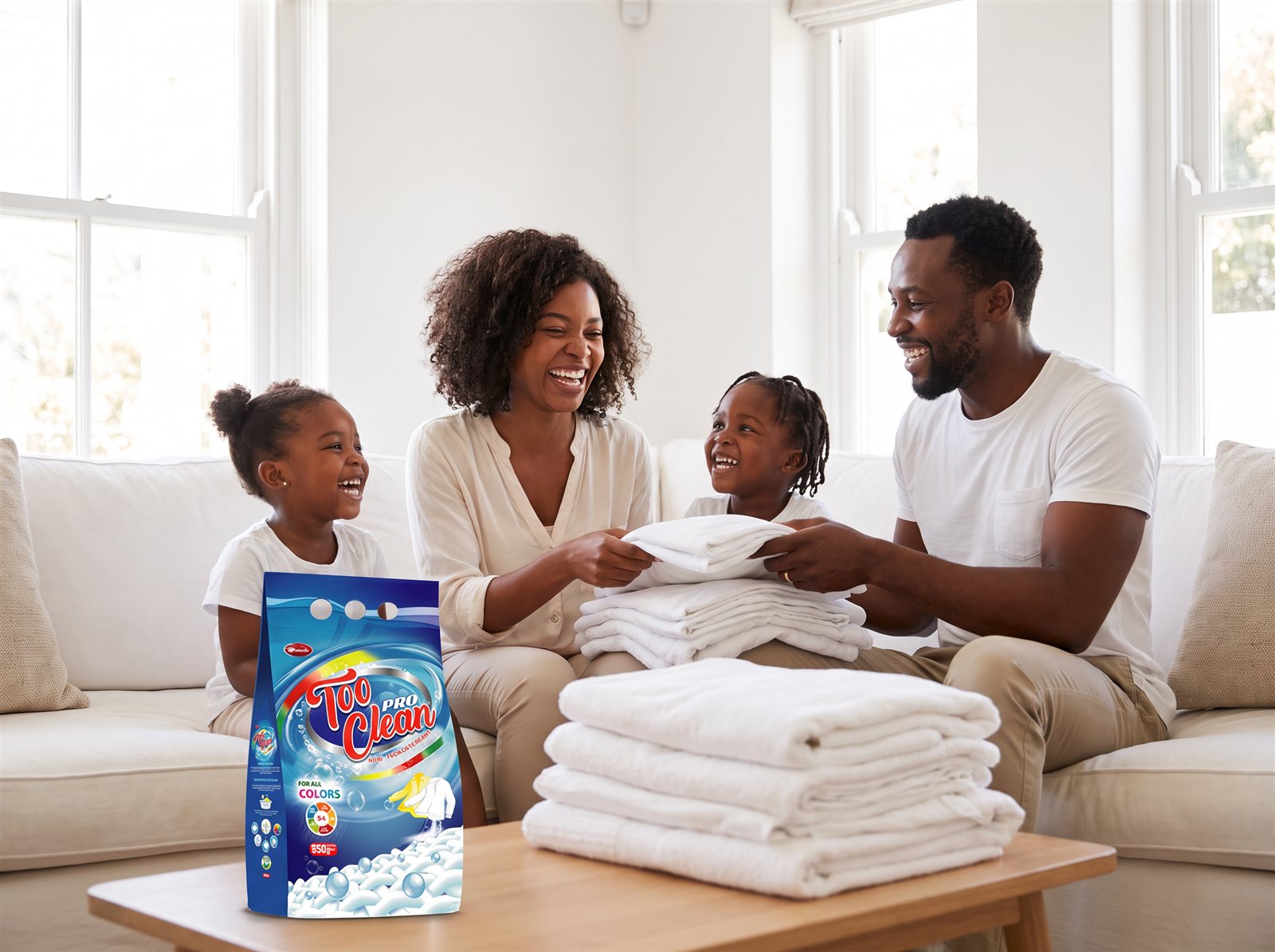 A happy Nigerian family laughing while folding fresh white laundry, with a Too Clean Pro pack in the foreground
