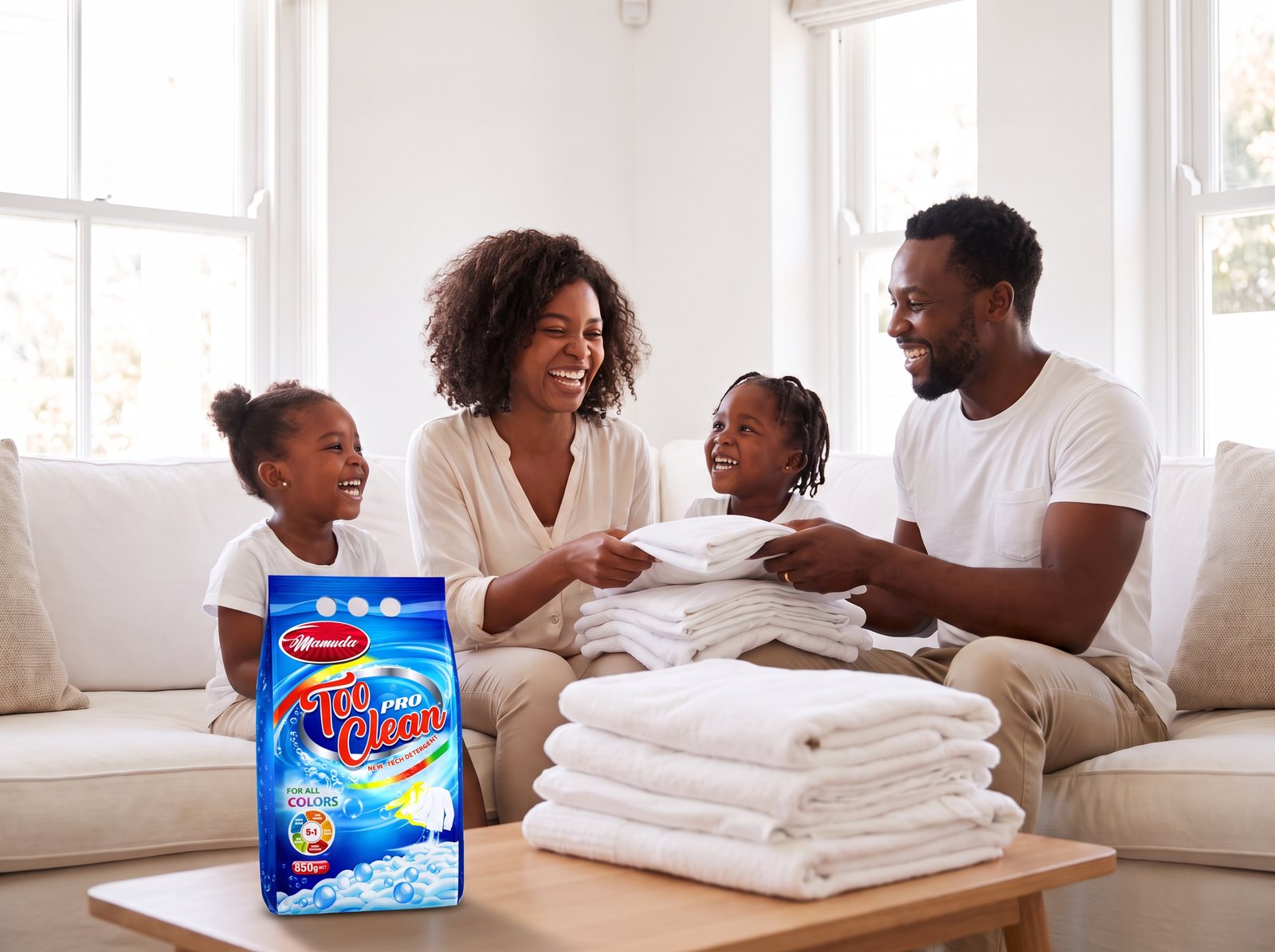 A happy Nigerian family laughing while folding fresh white laundry, with a Too Clean Pro pack in the foreground