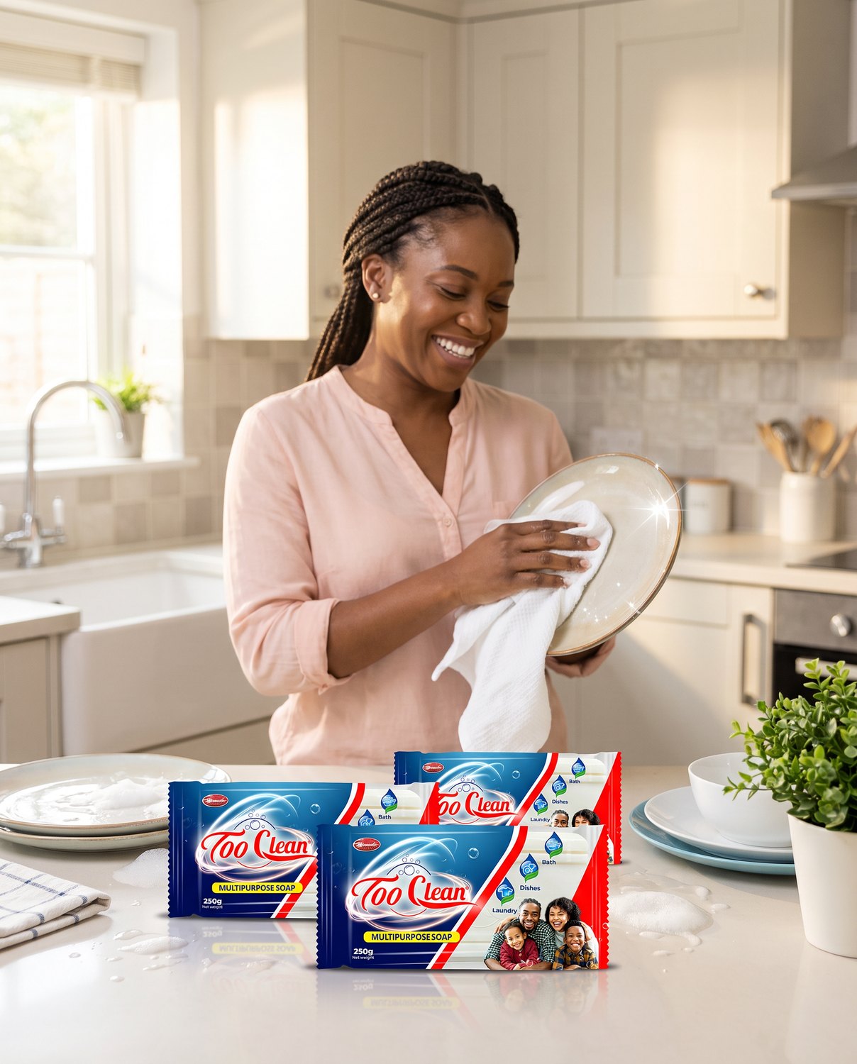 A Nigerian woman drying a gleaming plate in a bright kitchen, with Too Clean Multipurpose Soap 250g bars arranged on the worktop beside clean dishes