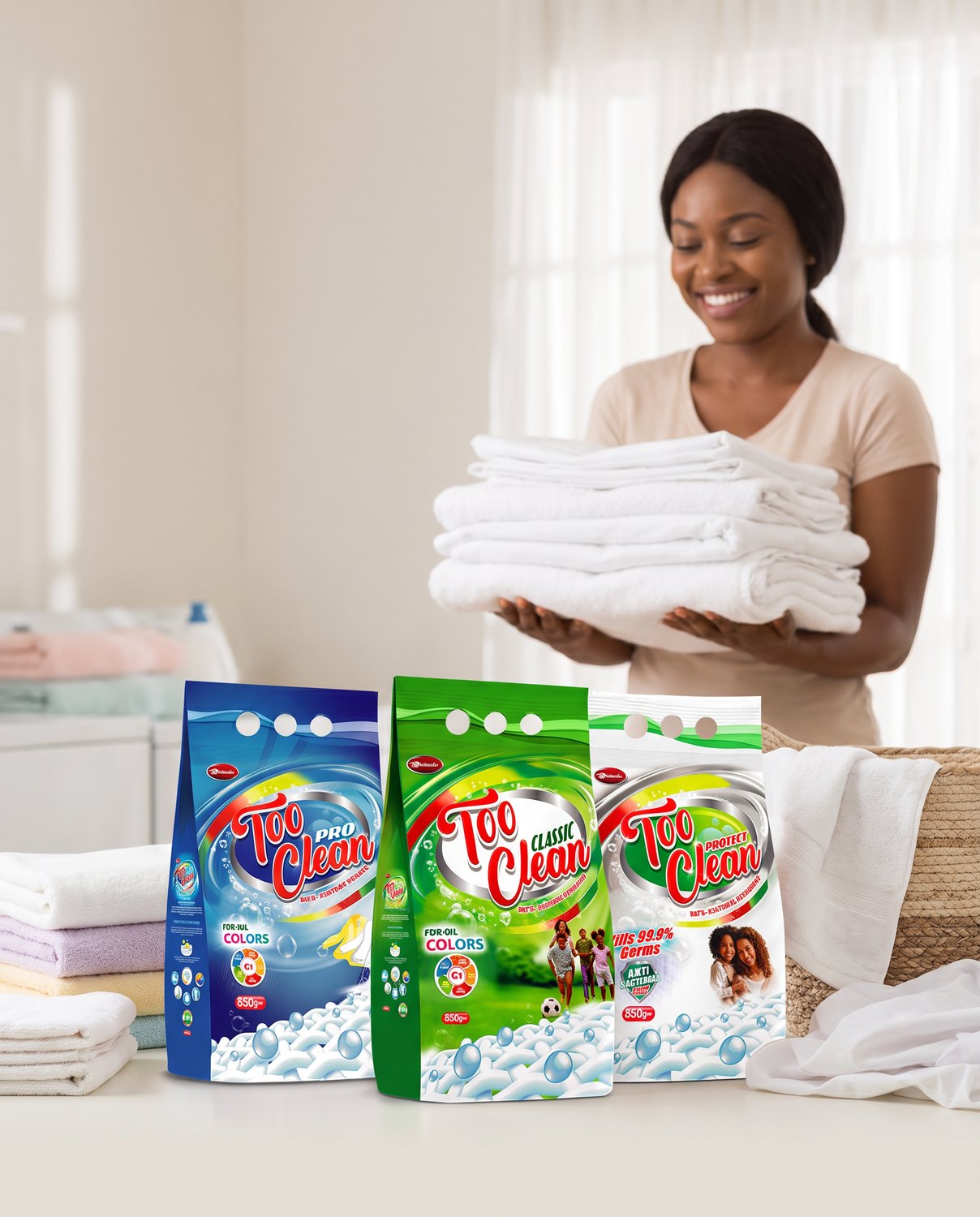 A Nigerian woman holding a stack of freshly laundered white linen, with the Too Clean Pro, Classic and Protect 850g detergent packs standing on the surface in front of her