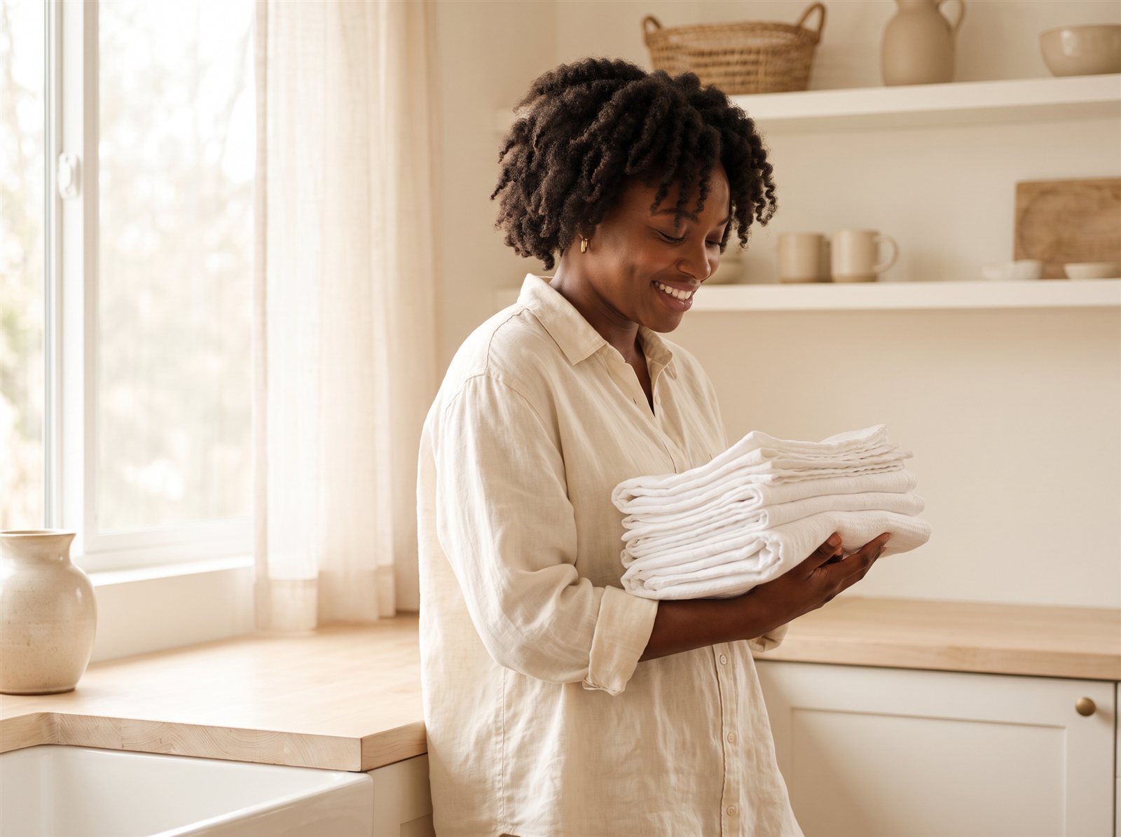 A smiling Nigerian woman holding a stack of freshly laundered white linen in a bright, warm-toned kitchen