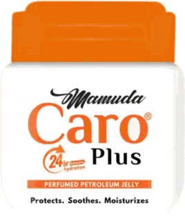 Mamuda Caro Plus perfumed petroleum jelly, square white tub with an orange lid