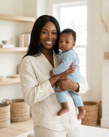 A young Nigerian mother holding her laughing baby cheek to cheek in a bright nursery