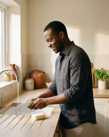 A Nigerian man washing a white ceramic plate at a bright kitchen sink, a plain soap bar on the counter beside him