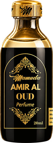 Mamuda Amir Al Oud perfume, ornate black and gold bottle