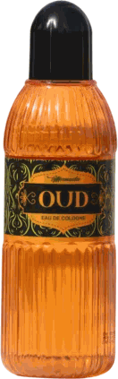 Mamuda Oud eau de cologne, ribbed amber bottle with a black cap and a dark green and gold label