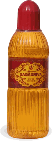 Mamuda Sarauniya eau de cologne, ribbed amber bottle with a red cap and a deep red label