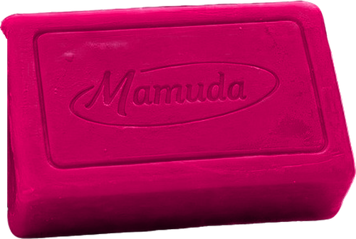 Mamuda Laundry Soap in pink, with the Mamuda name embossed into the bar