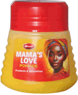 Mama's Love pomade, yellow tub with a red lid