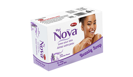 Nova Lavender Flower beauty soap carton, lilac and white pack, net weight 80g