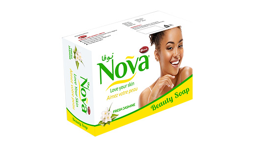 Nova Fresh Jasmine beauty soap carton, yellow and white pack, net weight 80g