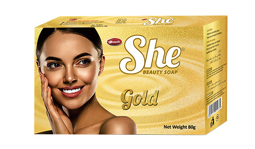 She Gold beauty soap carton, gold pack, net weight 80g
