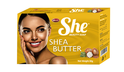 She Shea Butter beauty soap carton, amber pack, net weight 80g