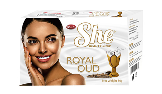 She Royal Oud beauty soap carton, white and cream pack, net weight 80g