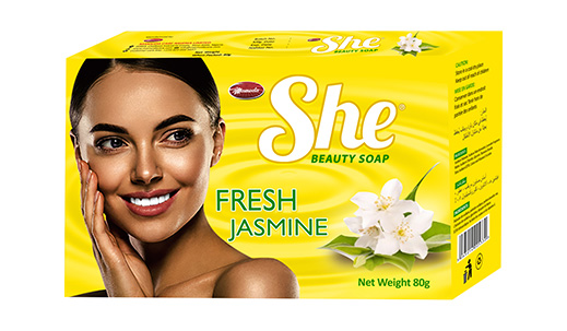 She Fresh Jasmine beauty soap carton, yellow pack, net weight 80g
