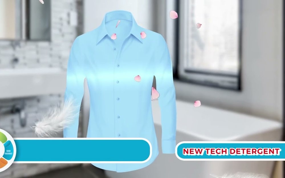 A clean blue shirt with rose petals falling around it, beside the Too Clean 5-in-1 New Tech Detergent badge